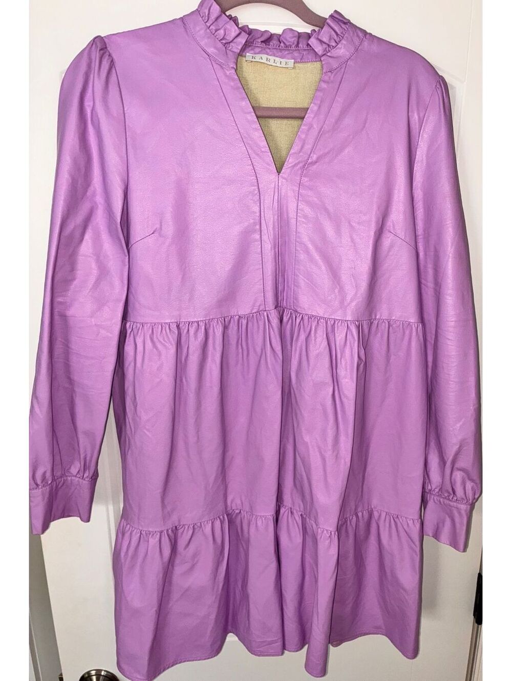 Karlie Lavender Faux Leather Long Sleeve Dress with Ruffle Neck
